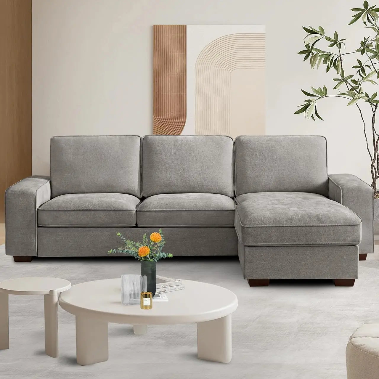 99" L-Shaped Sectional Couch with Storage, Sofa with Reversible Chaise, USB Type-C Charging, Chenille Fabric