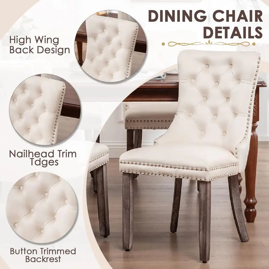 Velvet Dining Chairs Set of 4, Upholstered Dining Room Chairs with Ring Pull Trim and Button Back, Luxury Tufted Dining Chair fo