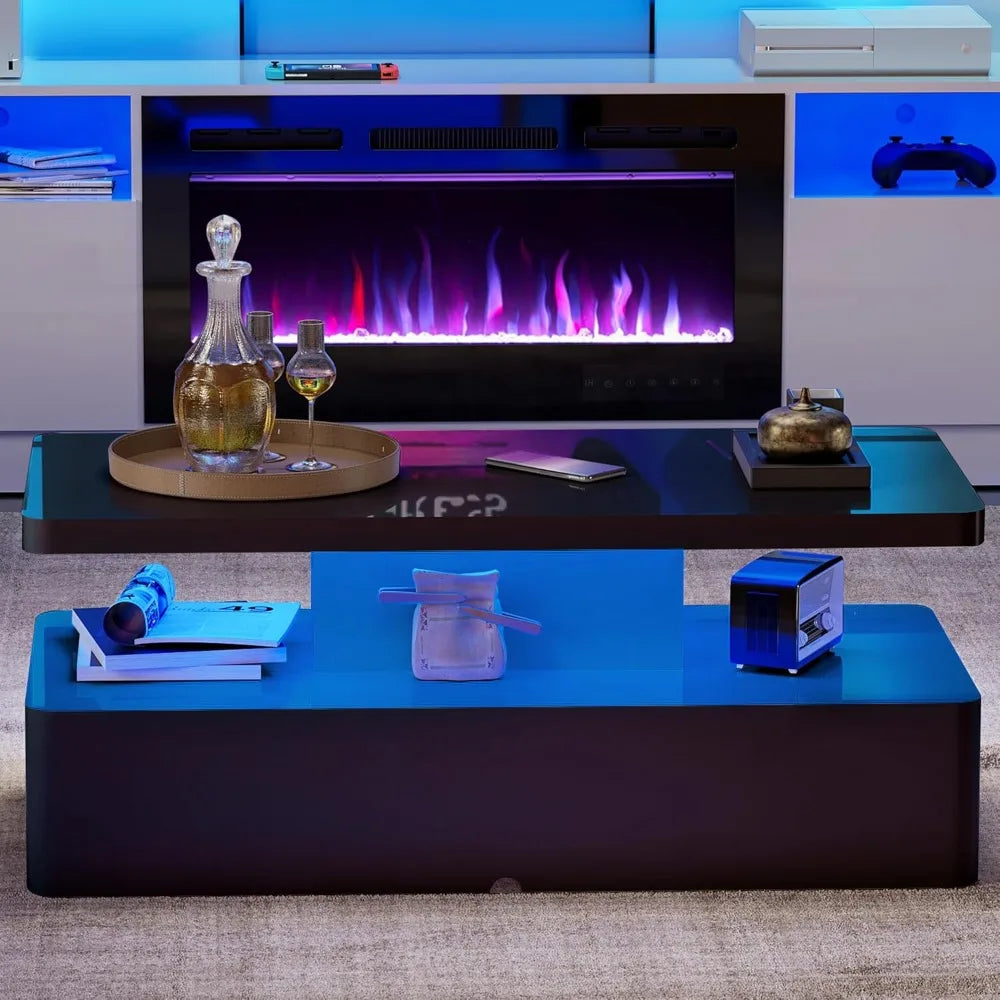 Modern AHB LED Coffee Table for Living Spaces - Glossy Two-Level Design in 16 Vibrant Colors with Rounded Edges