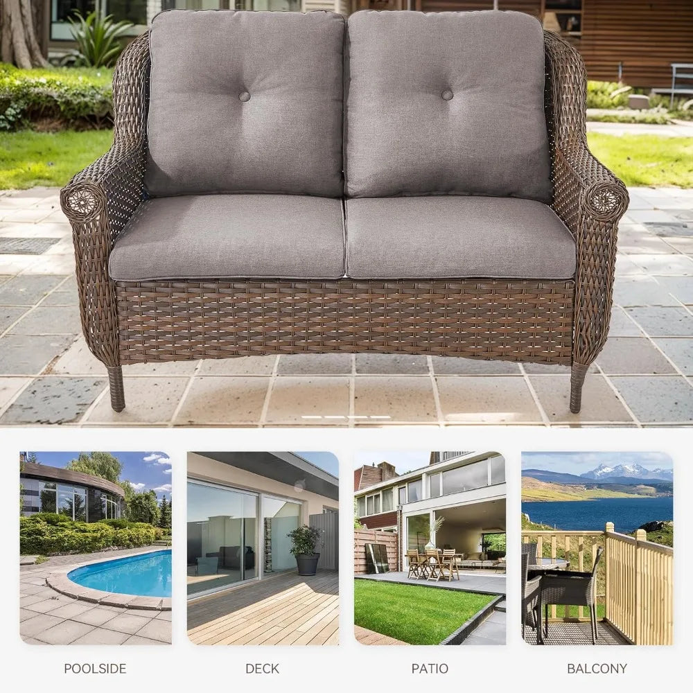 Wicker Sofa Brown Rattan Loveseat Outdoor Couch with Chrysanthemum Armrest & Water Resistant Cushions Sofa for Garden Balcony