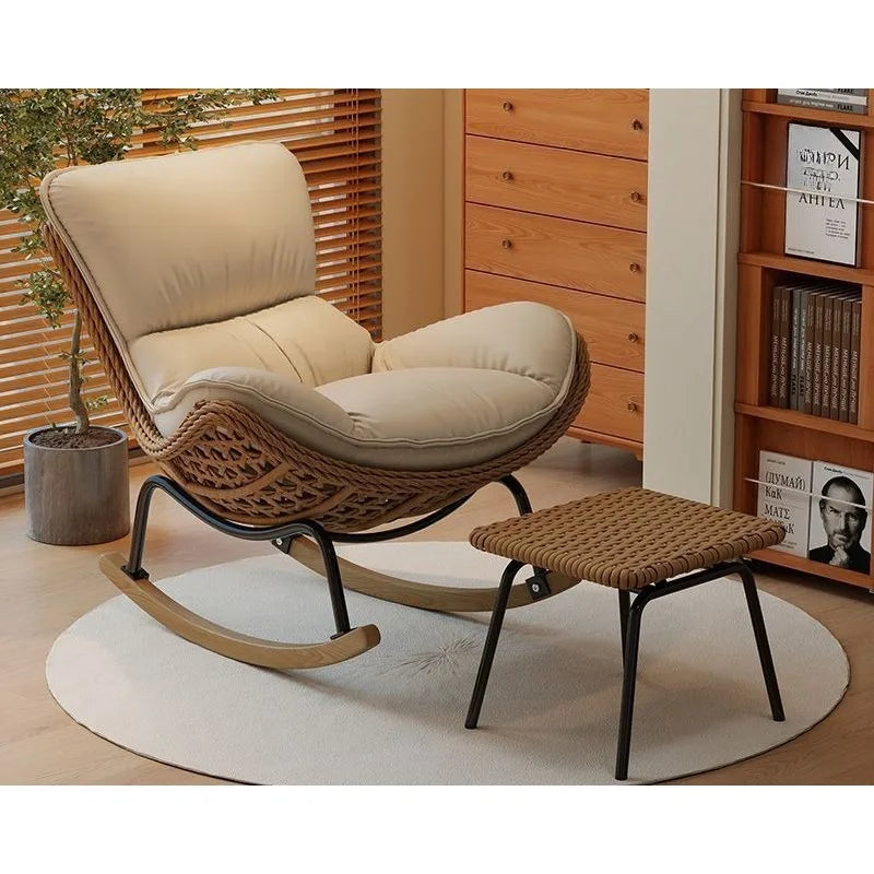 Woven Rattan Rocking Chair with Metal & Wood Base Stylish & Comfortable Seating for Living Room & Balcony Decor
