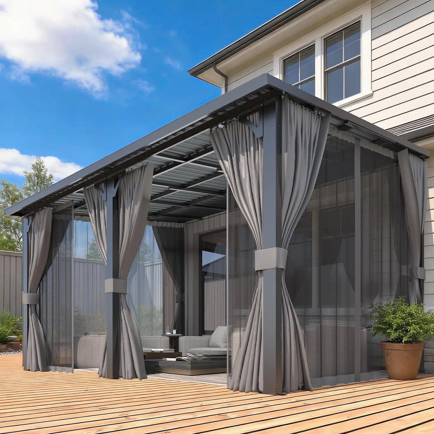 Hard Top Lean-to Gazebo Pergola Curtains & Netting Wall-Mounted Patio Deck Awning, Custom