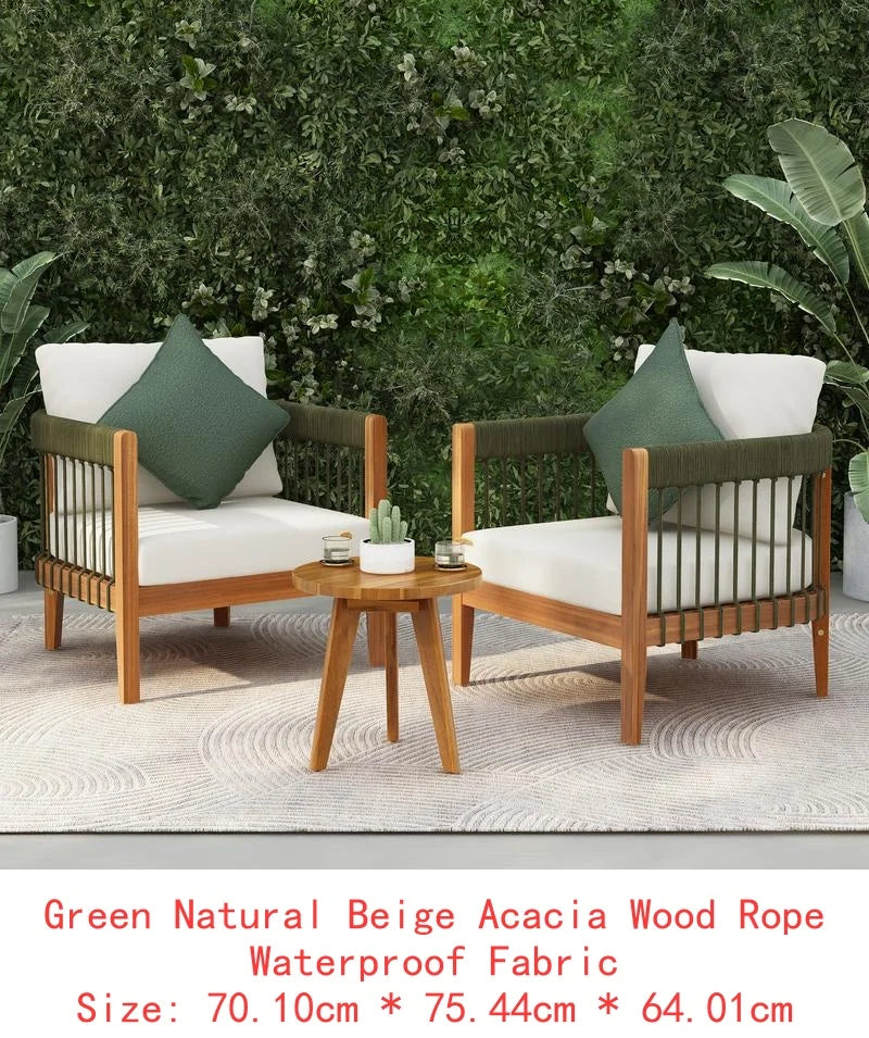 3-Pc Acacia Wood Outdoor Club Chair Set with Woven Rope Accents & Curved Backrest - Water-Resistant Boho Patio Lounger with