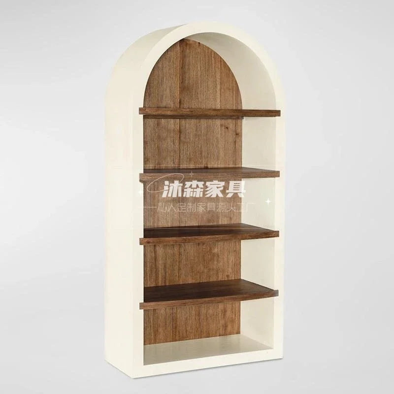 Retro solid wood simple bookcase American country white arched bookshelf display study floor locker
