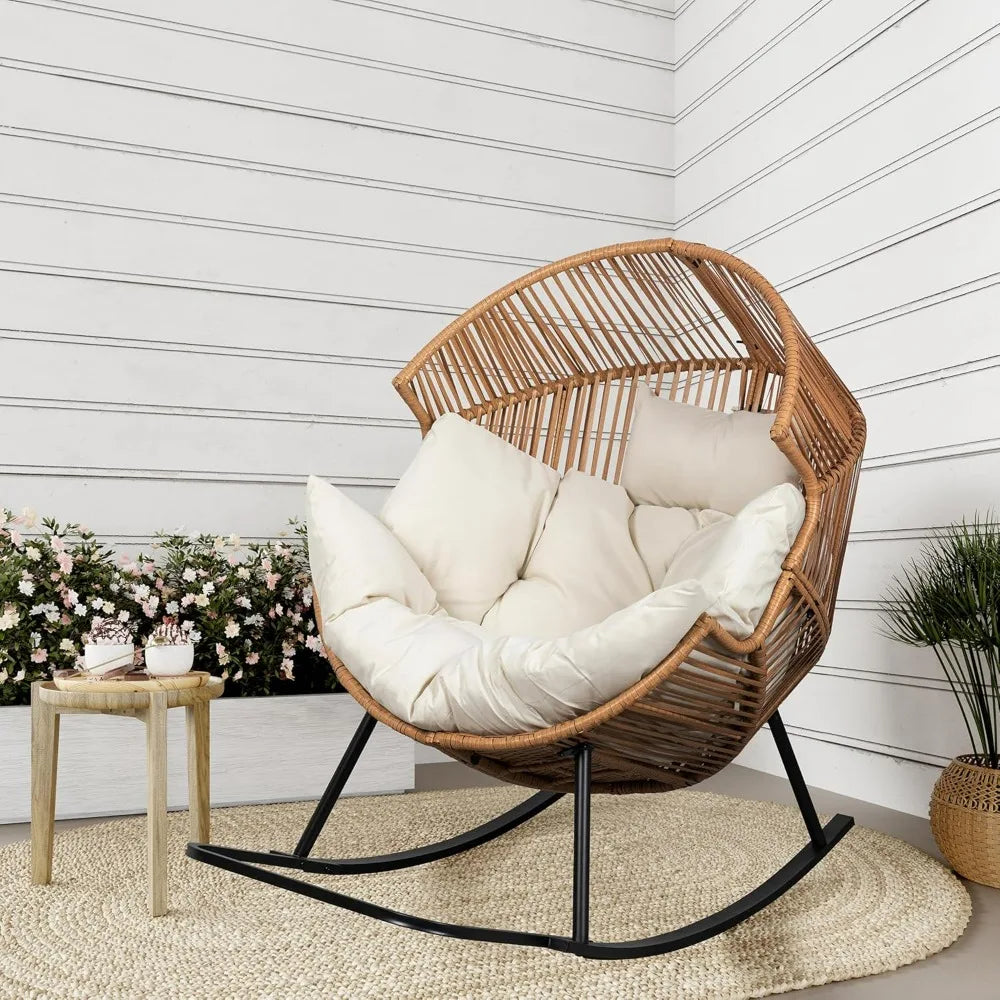 Hot-Large Cushioned PE Rattan Rocking Chair For Indoor And Outdoor Use: Perfect For Patios And Balconies
