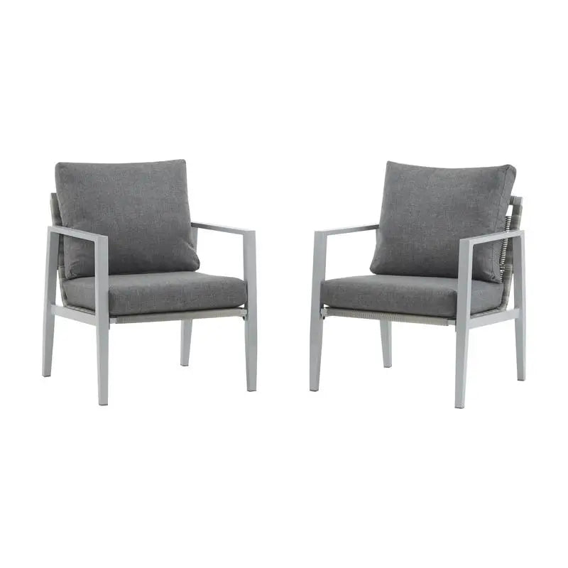 Set of 2 Silver Aluminum Lounge Chairs with Rope Accents and Cushions for Modern Indoor and Outdoor Spaces