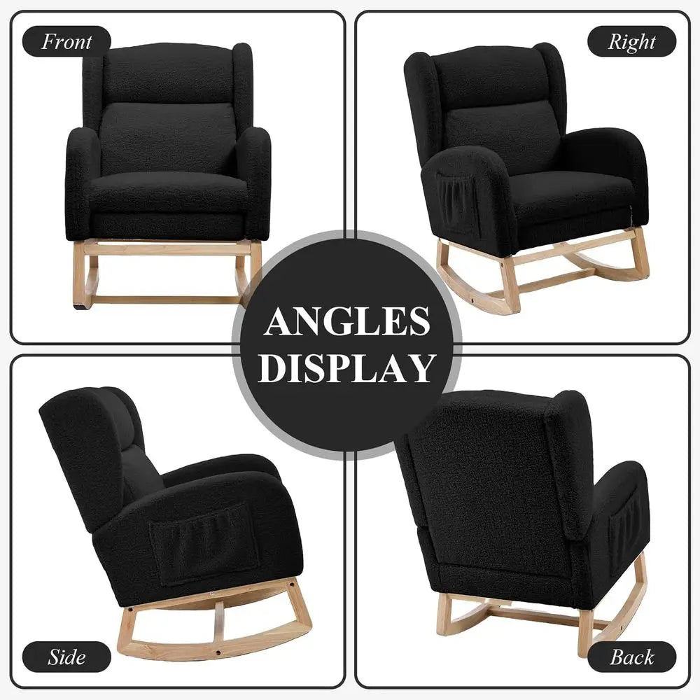 Nursery Rocking Chair with Footrest, Teddy Bear Upholstered Glider Chair, Nursery Gliding Recliner with Pocket, Living Room Glid