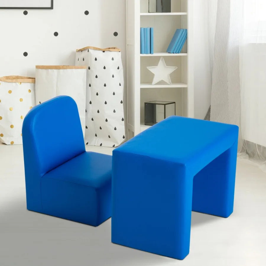 Qaba Blue 2-in-1 Sofa and Table Chair Set Convertible Toddler Lounge Multifunctional Armrest Chair for Play