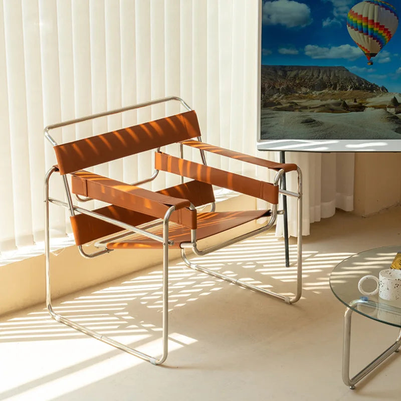 MOMO Chair Lazy Sofa Scandinavian Saddle Leather Single Chair Stainless Steel Leisure Single Sofa Chair Lounge Chair