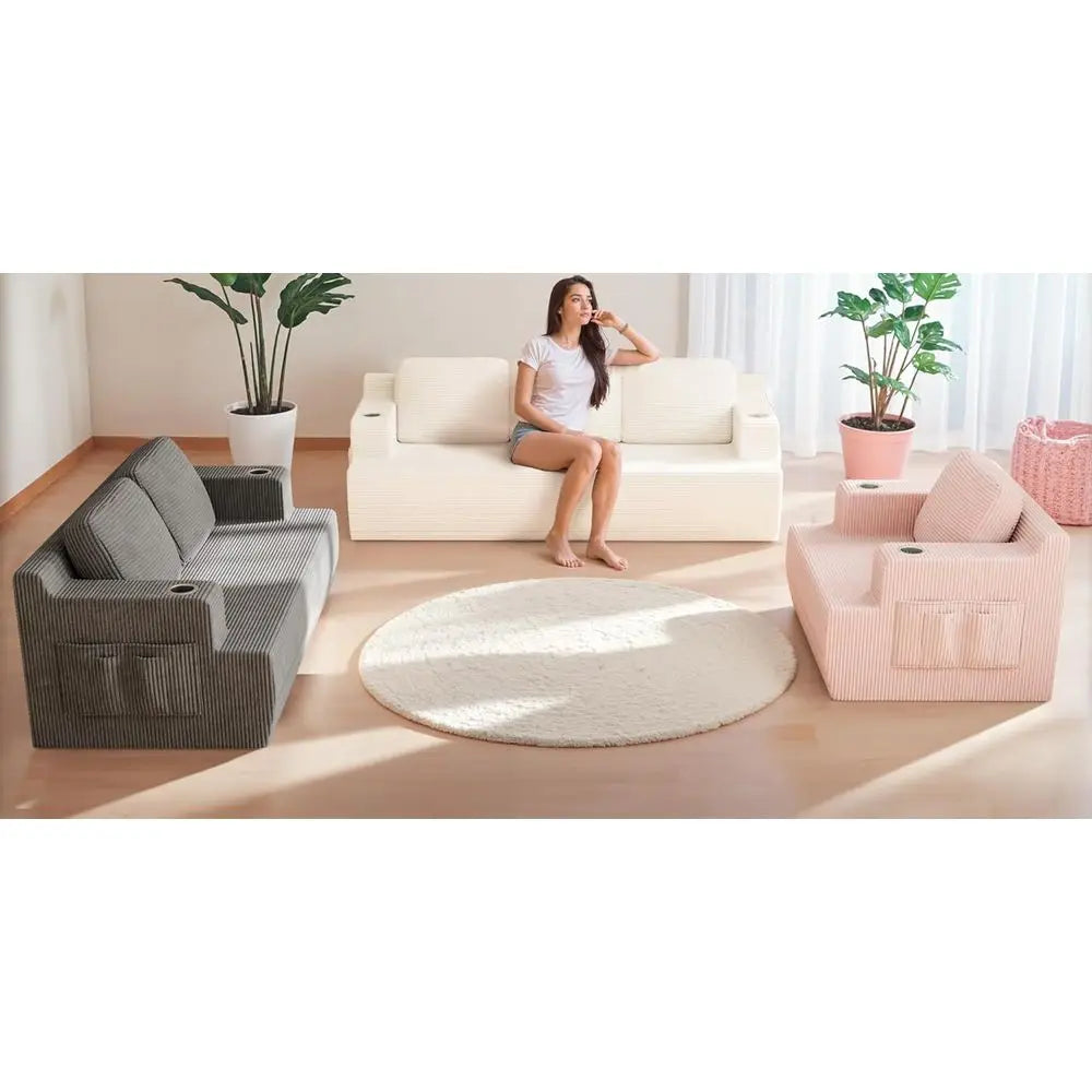 87” BonelSoa Couch with 2 Pillows Extra Deep Seats, Corduroy abric 3 Seater Soa or Living Room with Cup Holder & Storage ket Uph