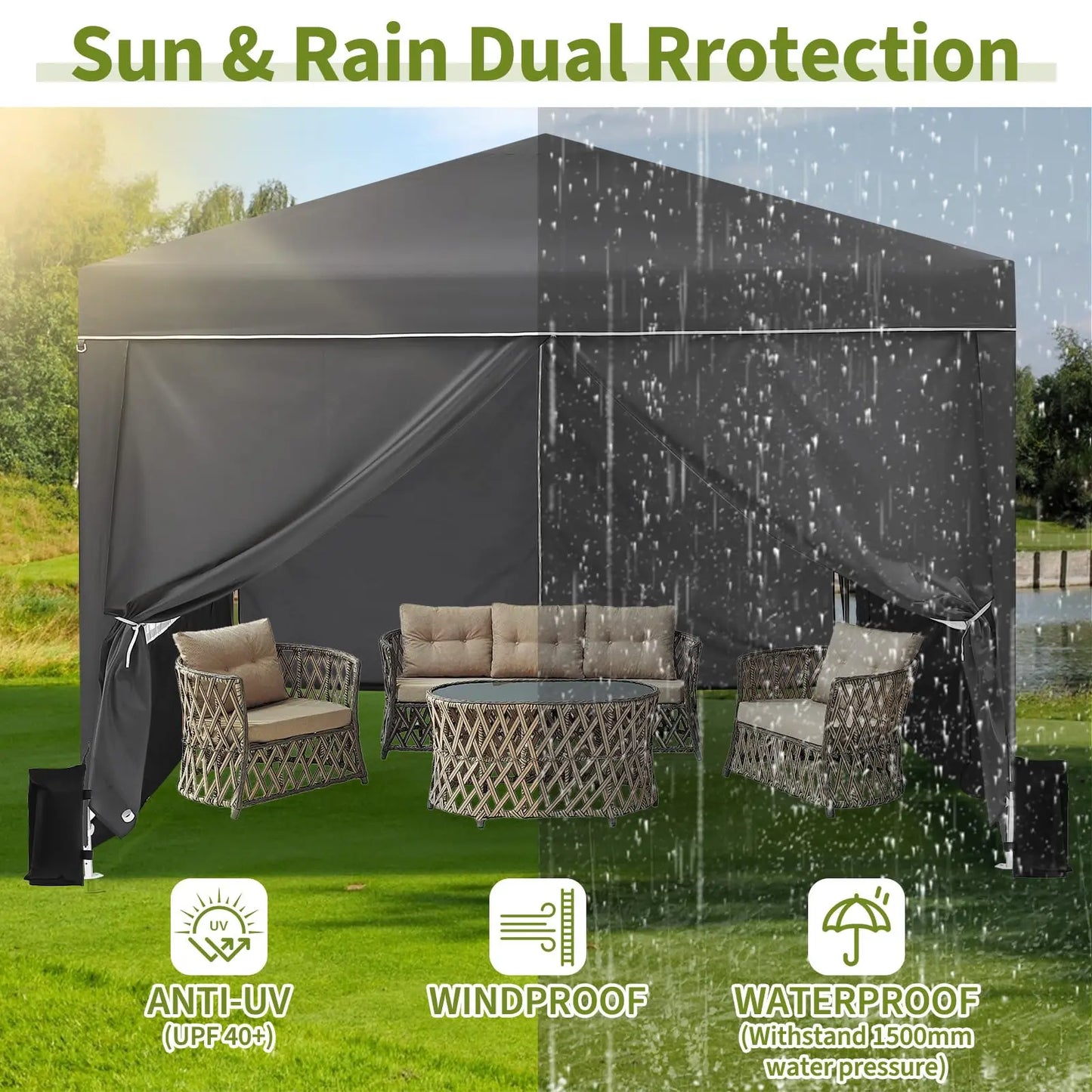 10x10FT Pop Up Canopy Tent With 4 Sidewalls, UV Protection Portable Outdoor Gazebo WIth Roll-Up Windows For Camping, Backyard, P