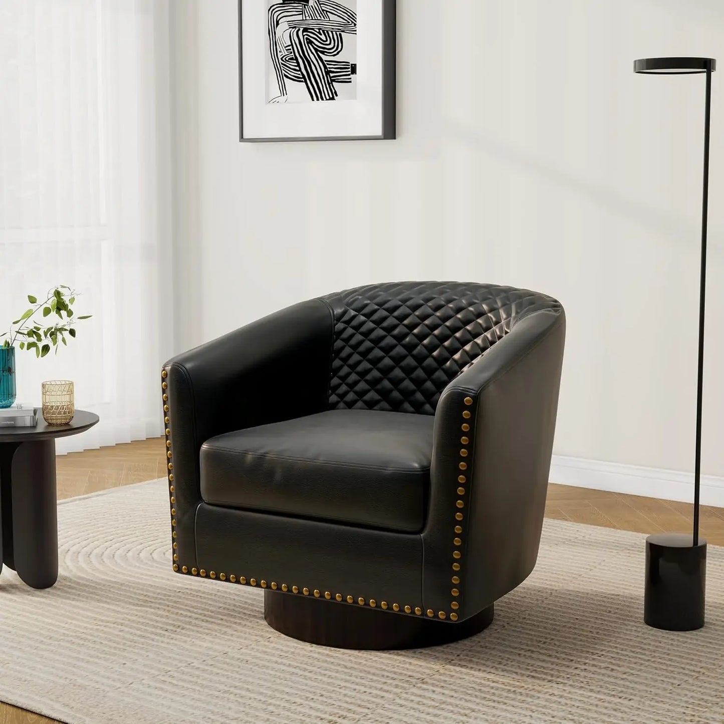 Pia Ricco Faux Leather Barrel Accent Chair, Modern Club Arm Chair Comfy Upholstered Single Sofa Chair with Solid Wood Legs and N