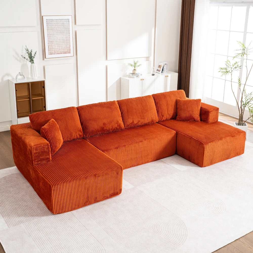Living Room Boneless Modular Sofa, Corduroy Fabric, Modern U-shaped Leisure Sofa, High-density Sponge, No Assembly, for Home