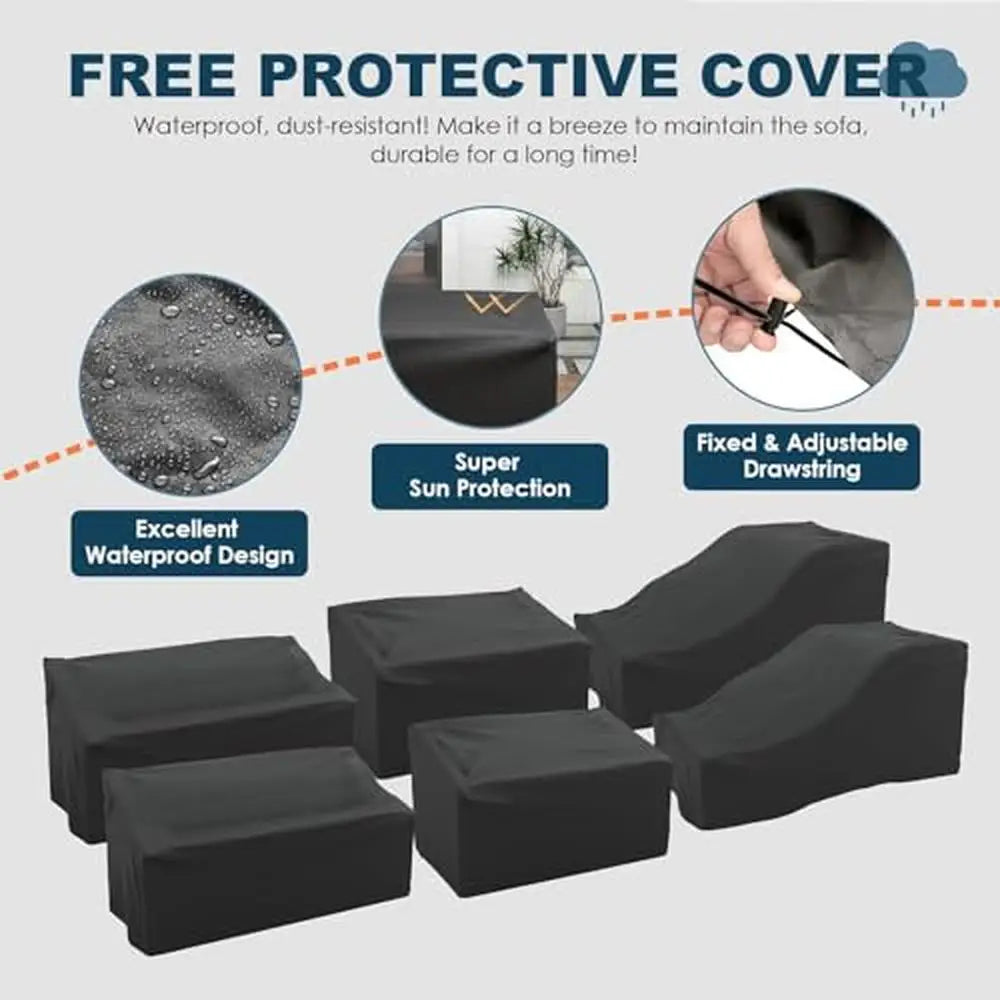 7 Piece Outdoor Patio Furniture Set with Fire Pit Table Sectional Conversation Sofa Cocktail Table Waterproof Cover Grey/Black