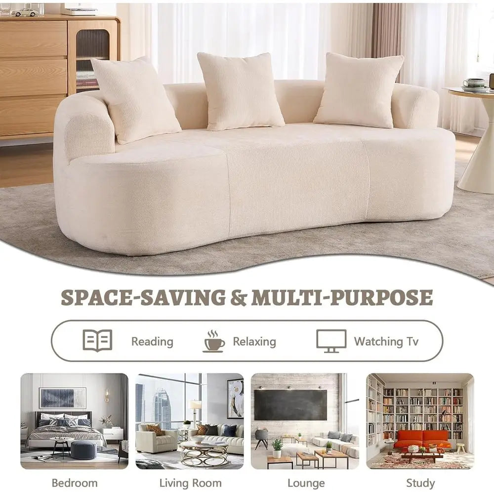 67” Beige Curved Loveseat Soa, Luxury Plush Chenille Curved Couch with 3 Throw Pillows & Extra Wide Armrests, Comy Upholstered O