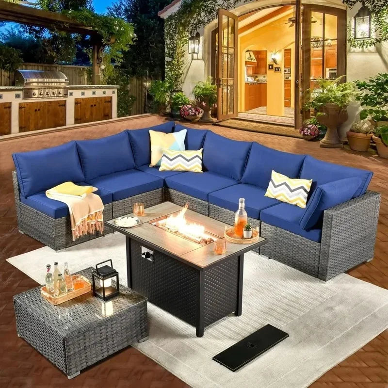 8-Piece Outdoor Patio Furniture Set with Fire Pit Table, Sectional Wicker Couch and Coffee Table for Comfortable Conversations