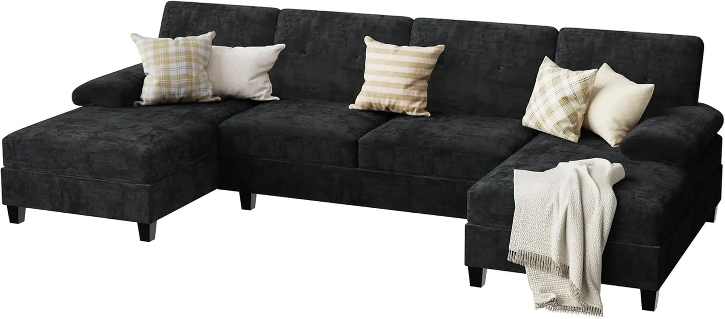 U-Shaped Sectional Sofa, Convertible Modular Couch with Double Chaise, 4-Seater Living Room Furniture, Black