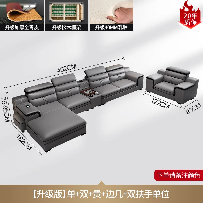 Genuine Leather Sofa Cowhide Modern Wireless Charging Smart Audio Sofa Living Room Corner Combination Divano Home Furniture