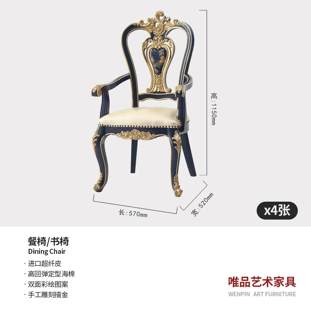 Royal Blue Hand-Painted Solid Wood French-Chinese Dining Set Dining & Study Dual Use