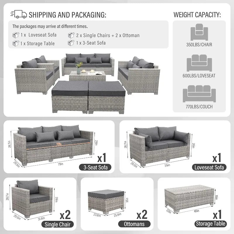 Patio Furniture Set Gray Rattan 7 Pieces Outdoor Sectional Sofa PE Wicker Conversation Chairs with Storage Table and Non-