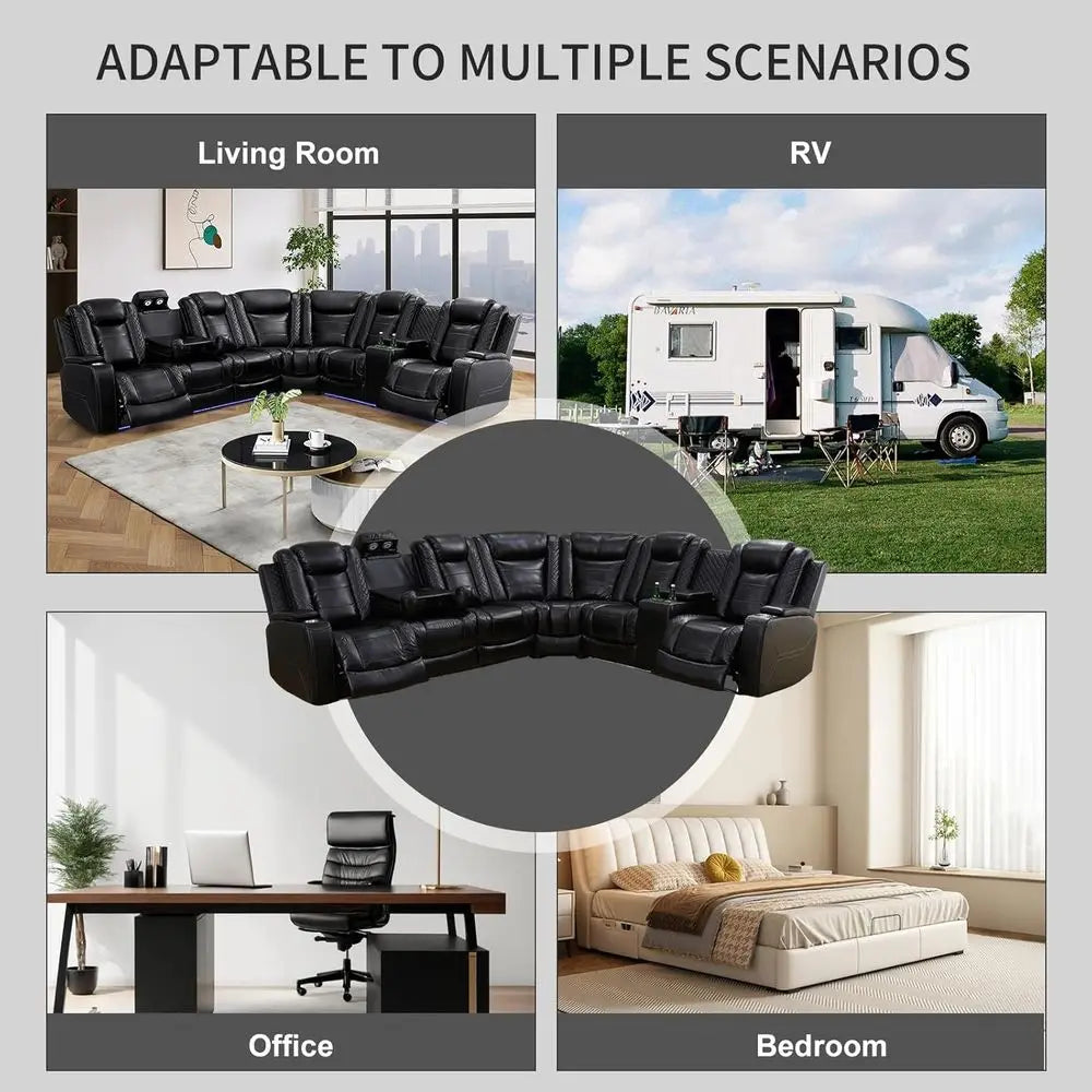 Power Reclining Sectional Soa or Living Room,ern L-Shaped Black Air Leather Sectional Couch Set,Recliner Soa Set,with LED Lights