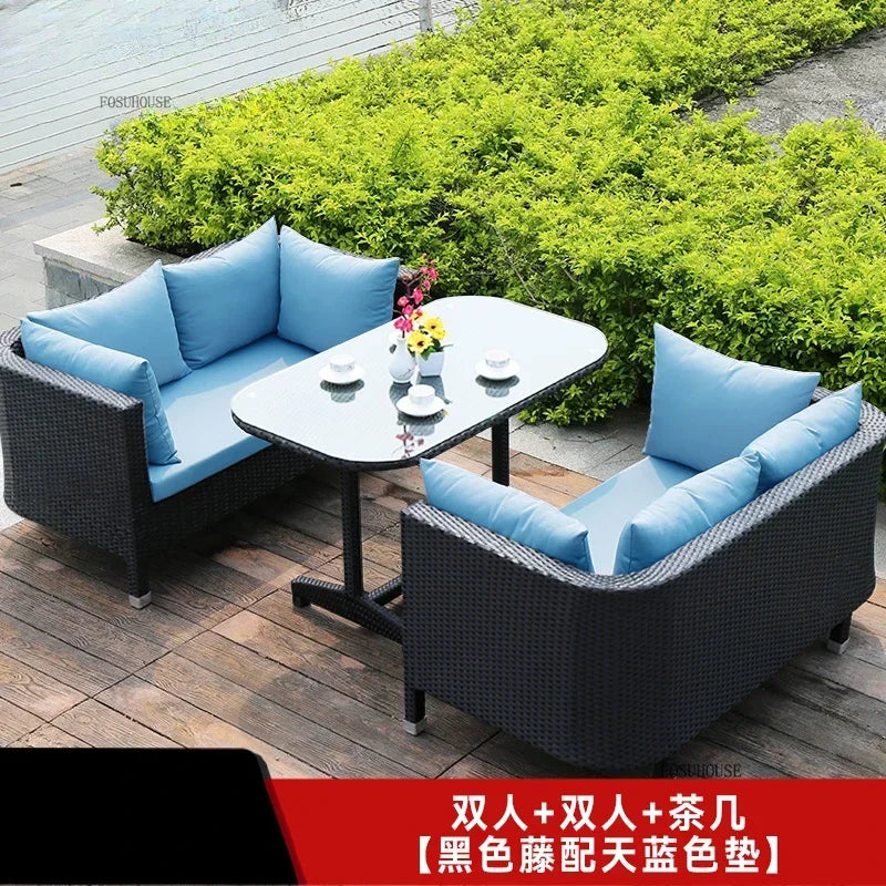 Nordic Outdoor Garden Sofas Leisure PE Rattan Garden Terrace Sofa Chair Set Courtyard Balcony Double Sofa Outdoor Furniture GG A