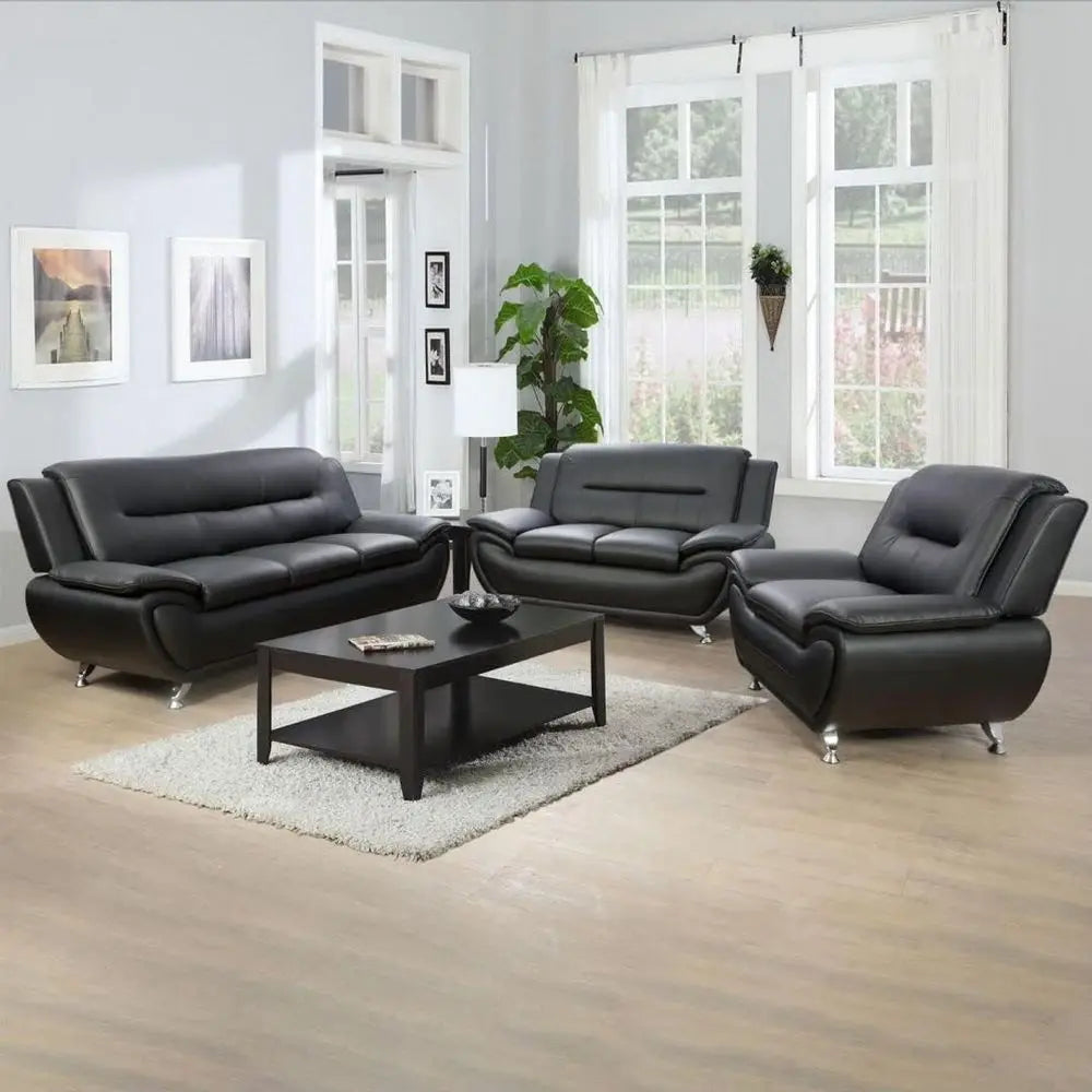 ern 3 Piece Living Room Couch Set, aux Leather Soa Set, Black