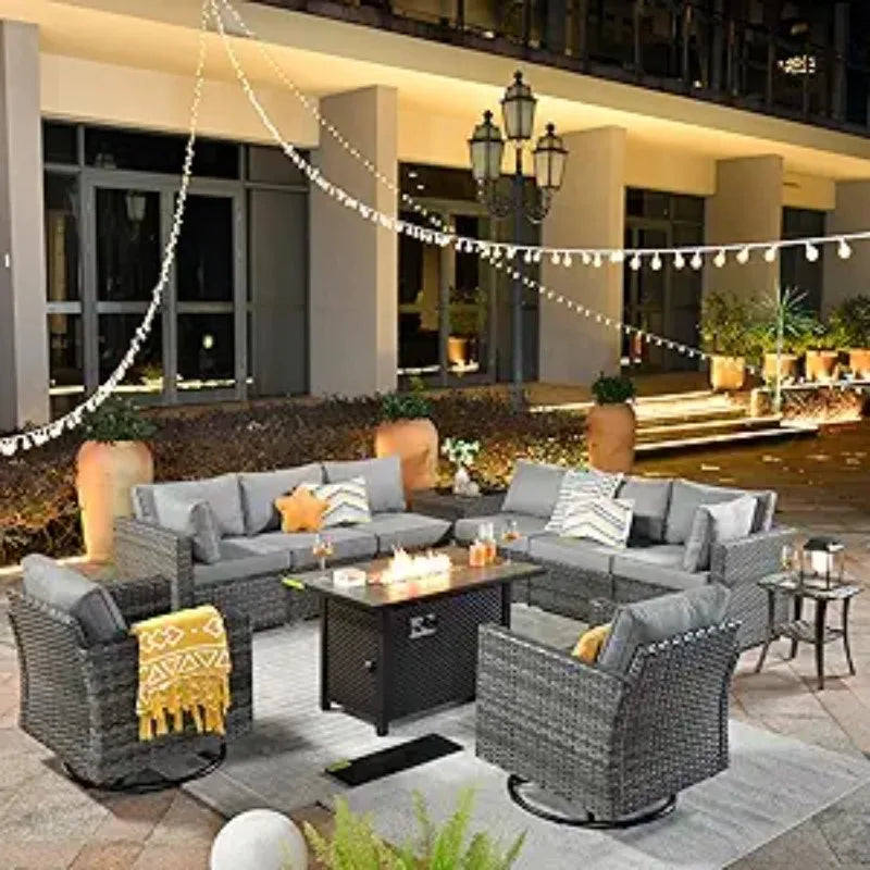 11 Piece Outdoor Patio Furniture Set with Fire Pit Table,Conversation Sectional Wicker Couch with Swivel Chairs,Modern Out