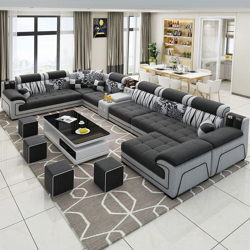 Modern Living Room Lounge 7 Seater U Shaped Sofa Set Furniture L Shape Sectional Couch Luxury Microfiber Fabric Modular Sofa
