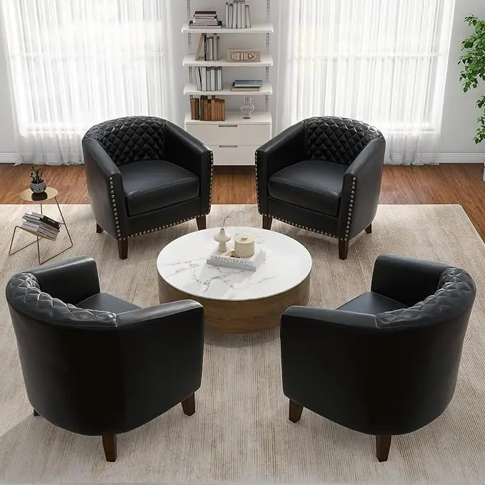 Faux Leather Barrel Accent Chairs Set of 4, Modern Club Arm Chair Comfy Upholstered Single Sofa Chair, Beige