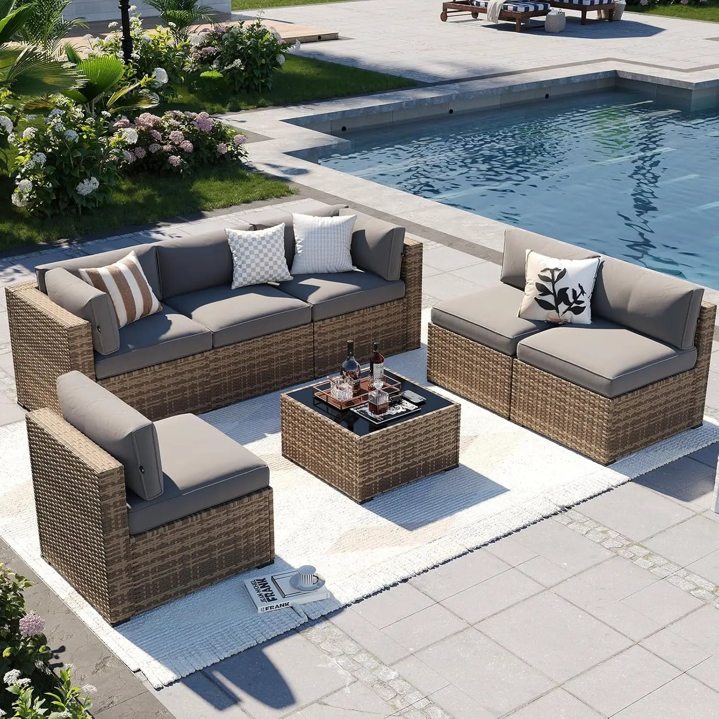 Patio Furniture Sets, 7-Piece Outdoor Patio Furniture with Thick Cushions, Wicker Outdoor Conversation Set Sectional Sofa for B