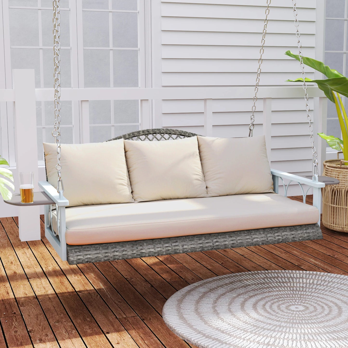 Outsunny 2 Person Wicker Hanging Porch Swing, 57 Inch Outdoor Porch Swing with Cup Holder, 800 Lbs Rattan Outdoor Patio Swing