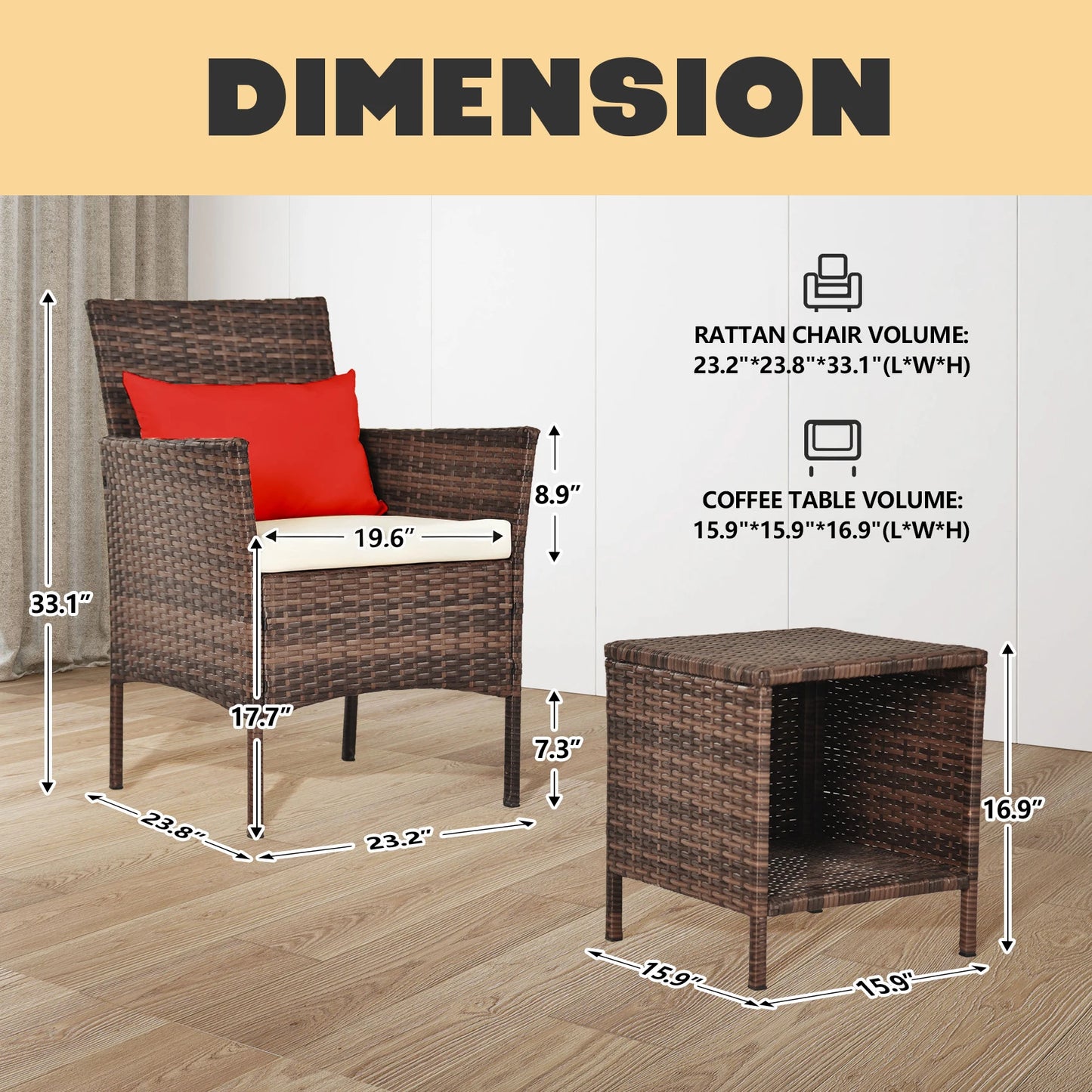 3 Piece Patio Conversation Bistro Set, Porch Balcony Furniture Set Outdoor Chat Furniture, Wicker Chairs and Storable Table Set