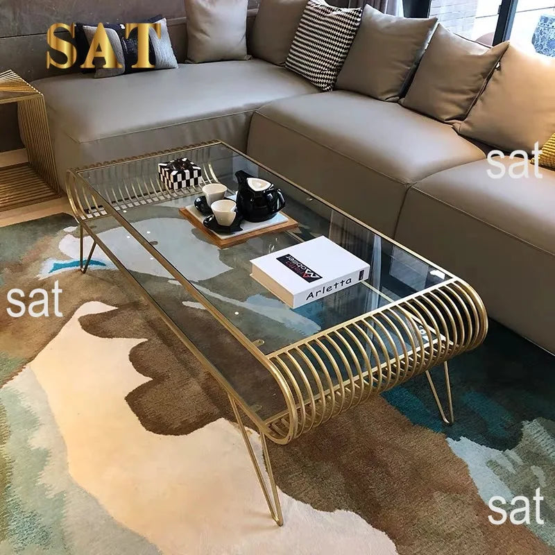 Modern Nordic Living Room Wrought Iron Rectangular Coffee Table Glass Coffee Table Set