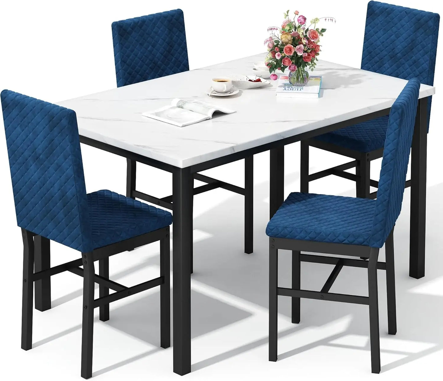 Dining Table Set for 4 Kitchen Table and Chairs Set of 4 Faux Marble Kitchen and Dining with Velvet Upholstered Dinner Chairs