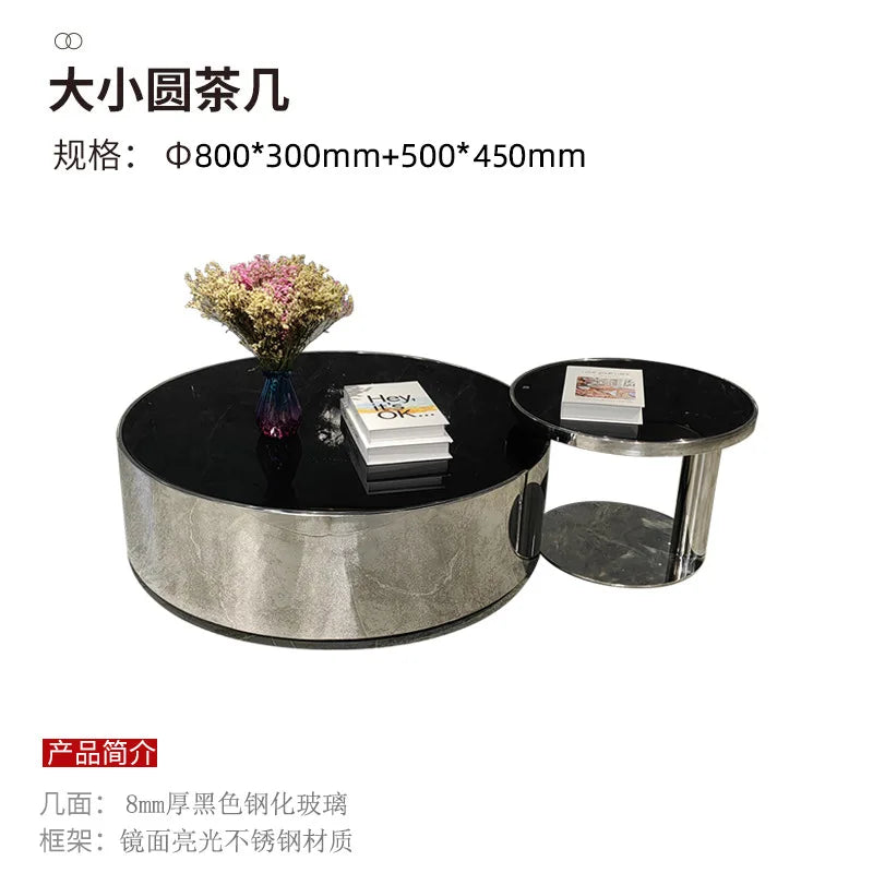Italian mirror coffee table stainless steel small apartment tempered glass round combination design sense living room home