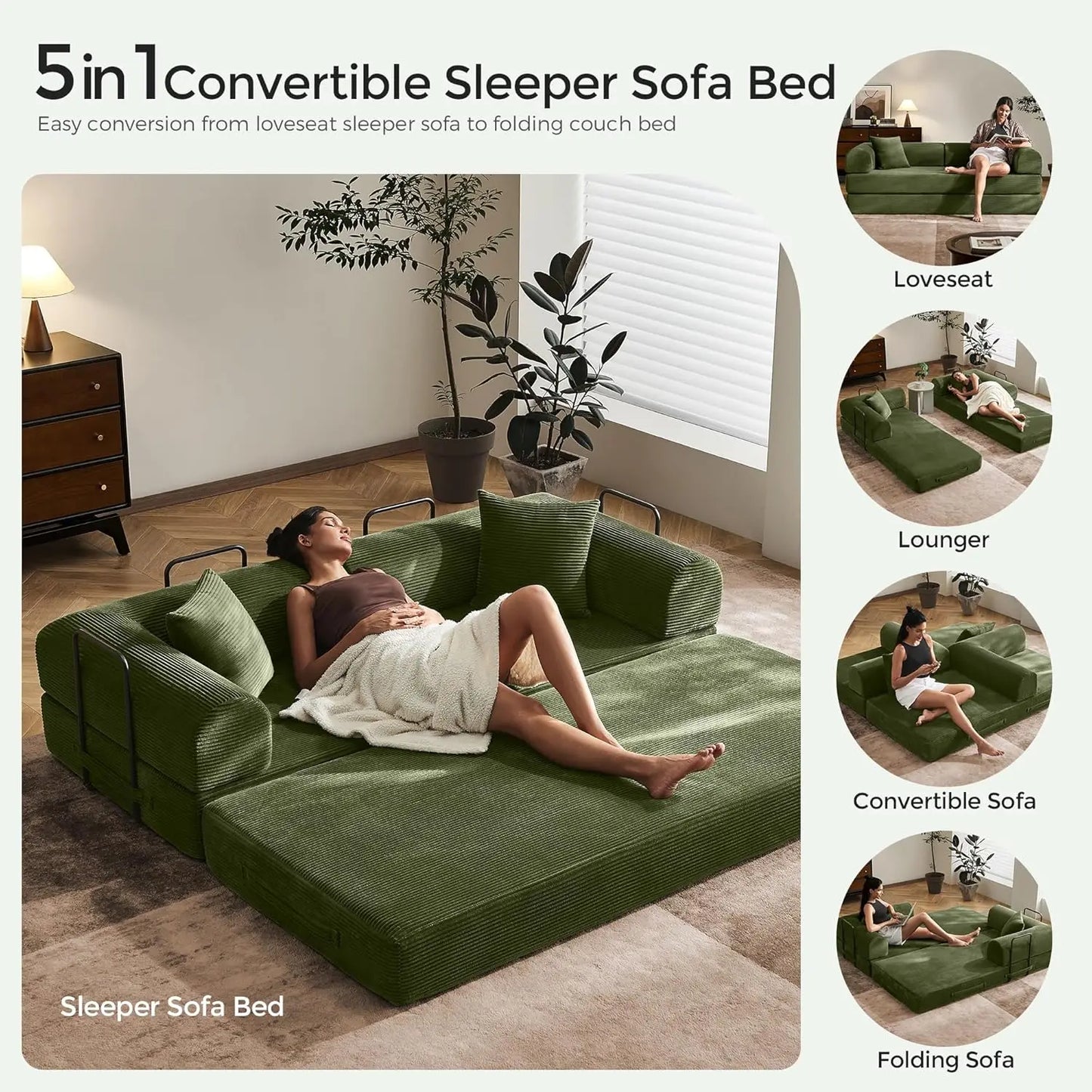 79" Convertible Sofa Bed with Removable Armrests, Modular Corduroy Sleeper for Small Spaces - Green (Includes Pillows)