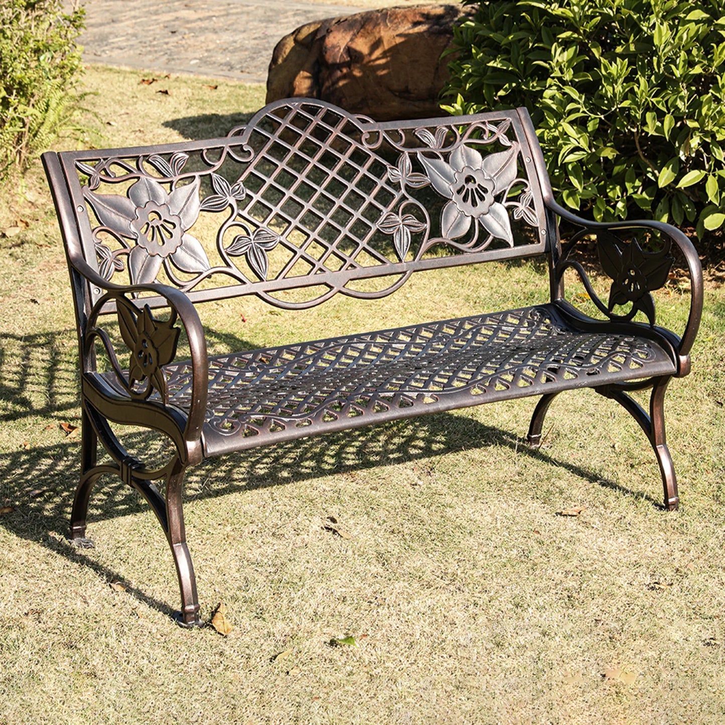 117CM Cast Aluminum Park Bench Chair All-weather Metal Outdoor Bench Patio Bench with Beautiful Carving Garden Bench