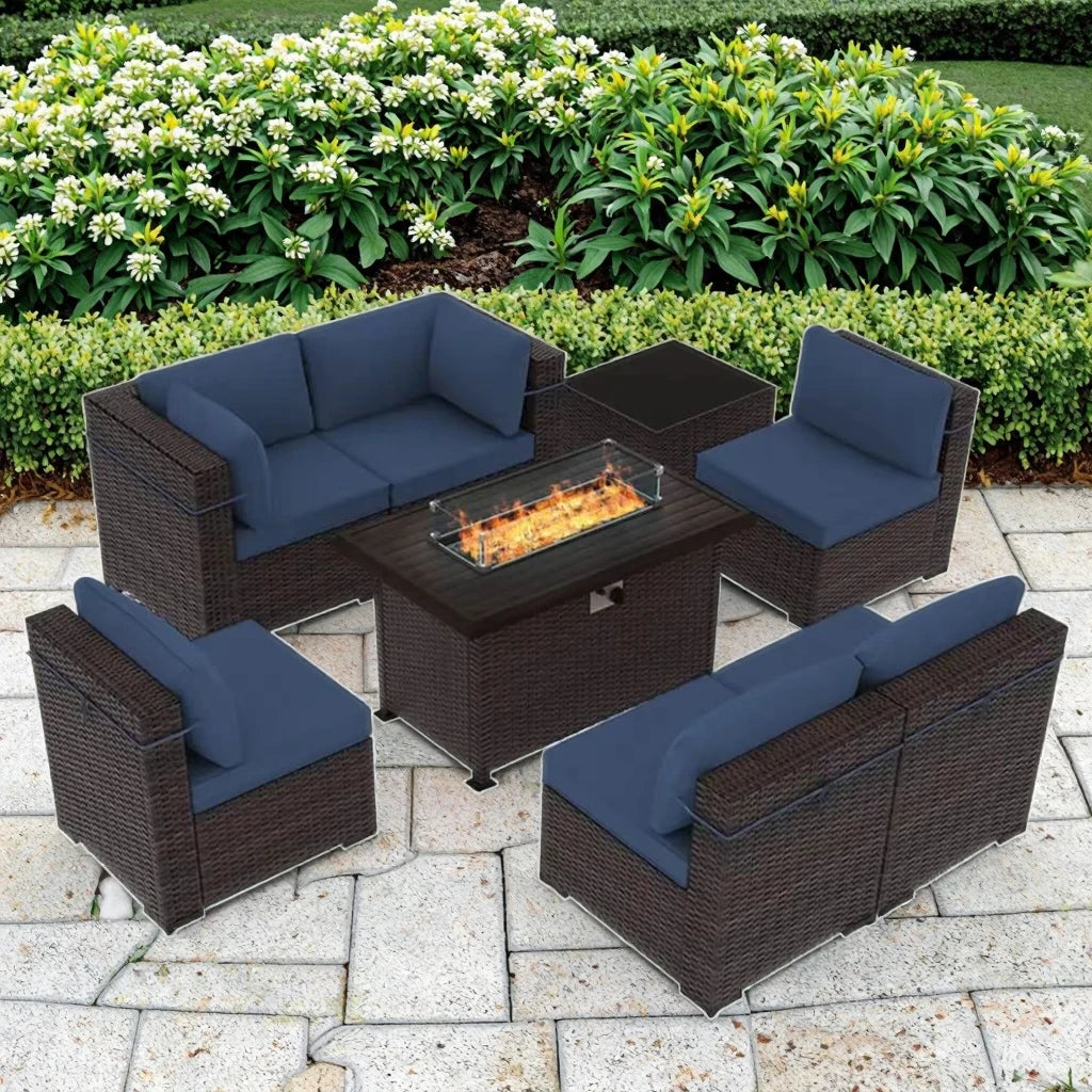 Wholesale 7 PCS Patio Rattan Dining Sofa Set Steel Wicker Cornerl Sofa with Ottoman Garden Sofa