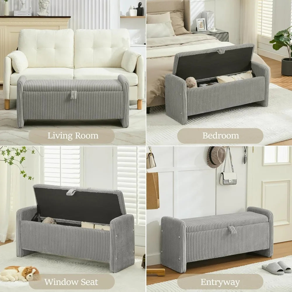 44'' Corduroy Storage Ottoman Bench, Upholstered End of Bed Storage Bench with Safety Hinge, Linear Bed Bench for Bedroom