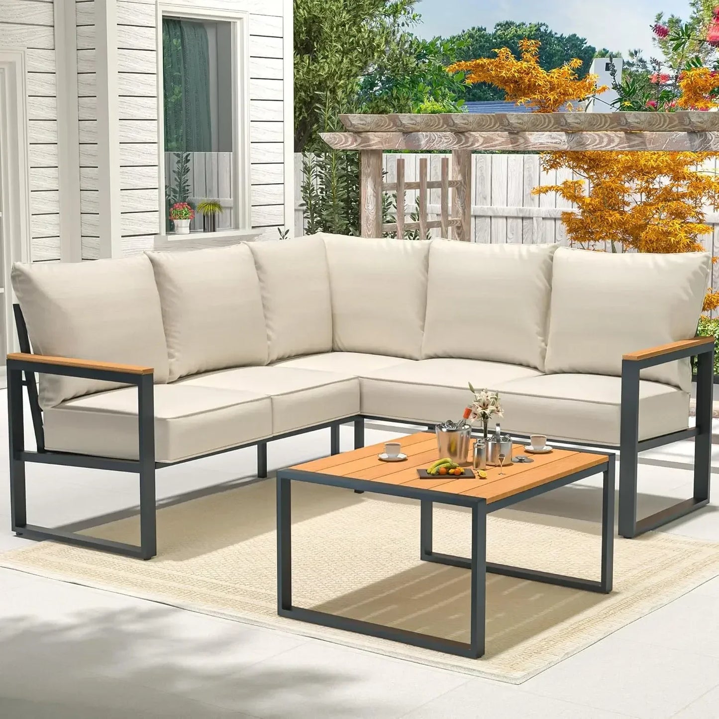 "6-Piece L-Shaped Patio Set - Outdoor Sectional Sofa w/ Faux-Wood Side Table, All-Weather Conversation Group"
