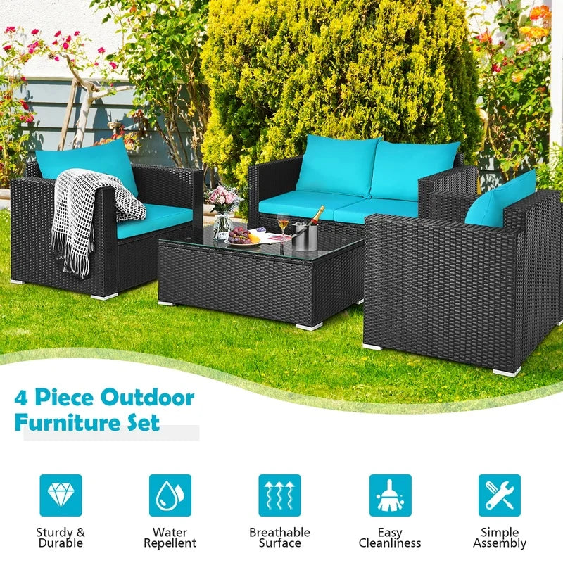 Turquoise Rattan Sofa Set with Cushions and Coffee Table - 8 Piece Patio Furniture