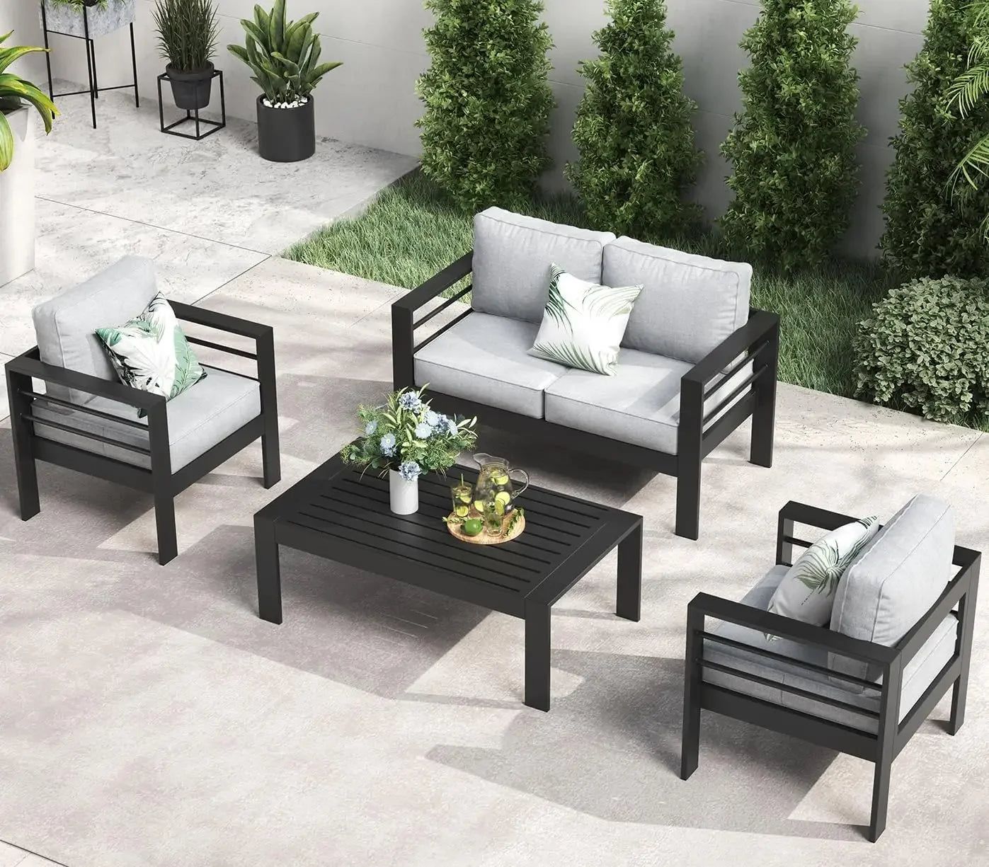 Garden Furniture Set, 5 Pieces Patio Outdoor Aluminum Sectional Conversation, Chat Sofa Modern Seating Set with Coffee Table