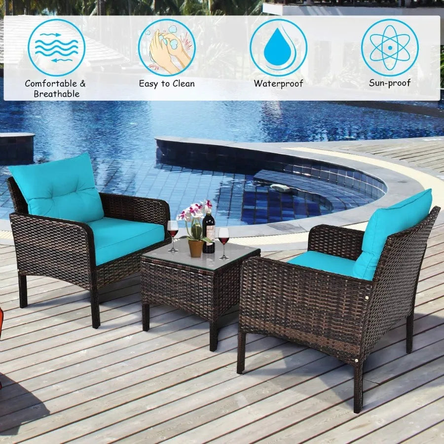 3 Piece Wicker Chairs with Glass Top Coffee Table Thick Cushions for Outdoor Patio Garden Lawn Poolside Backyard Porch