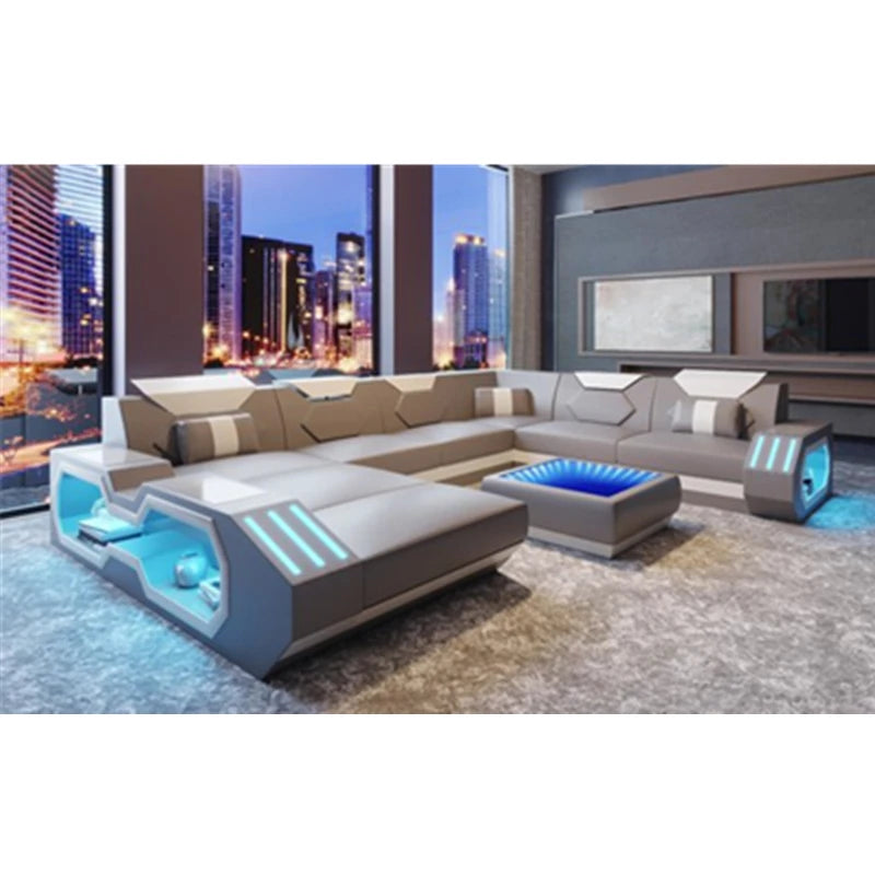 Luxury Italy Design Sectional Sofa Bed Modern LED Living Room Furniture Genuine Leather Sofas Sets