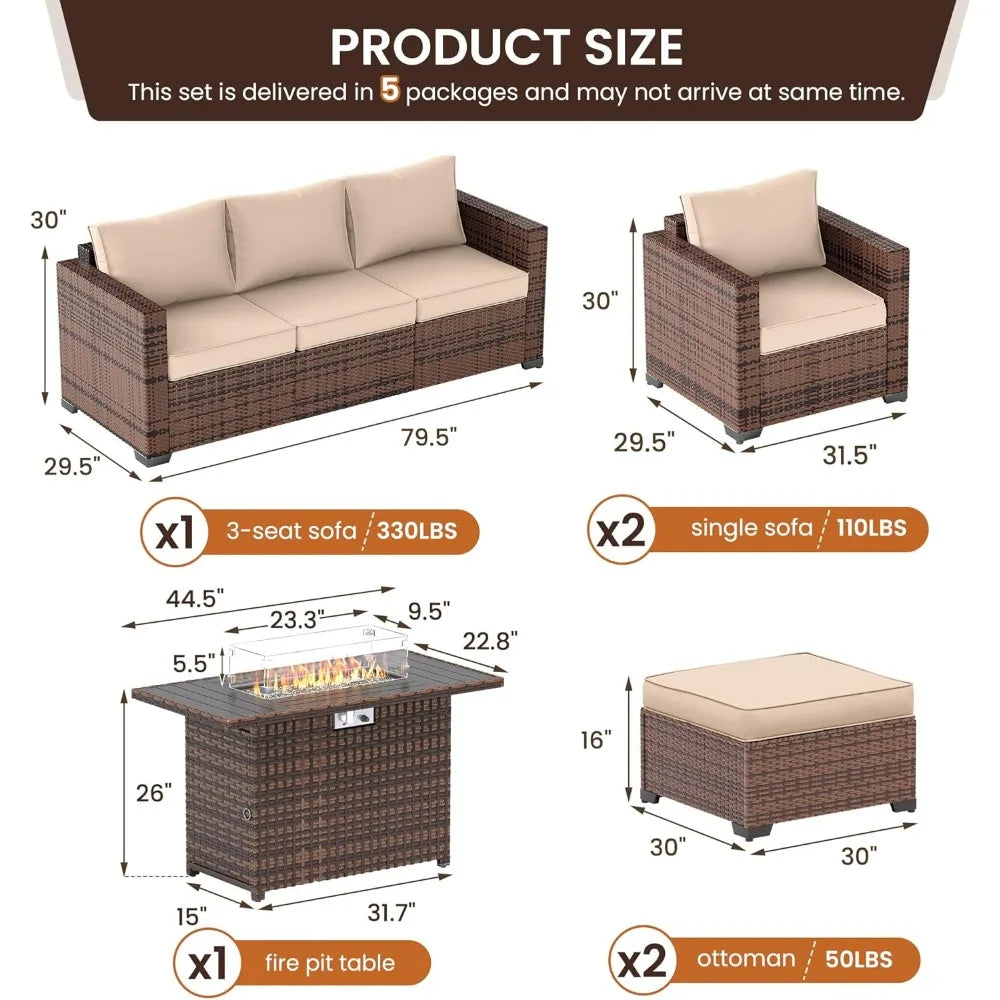 6-piece outdoor conversation sectional with 44" fire pit table and wicker rattan sofa