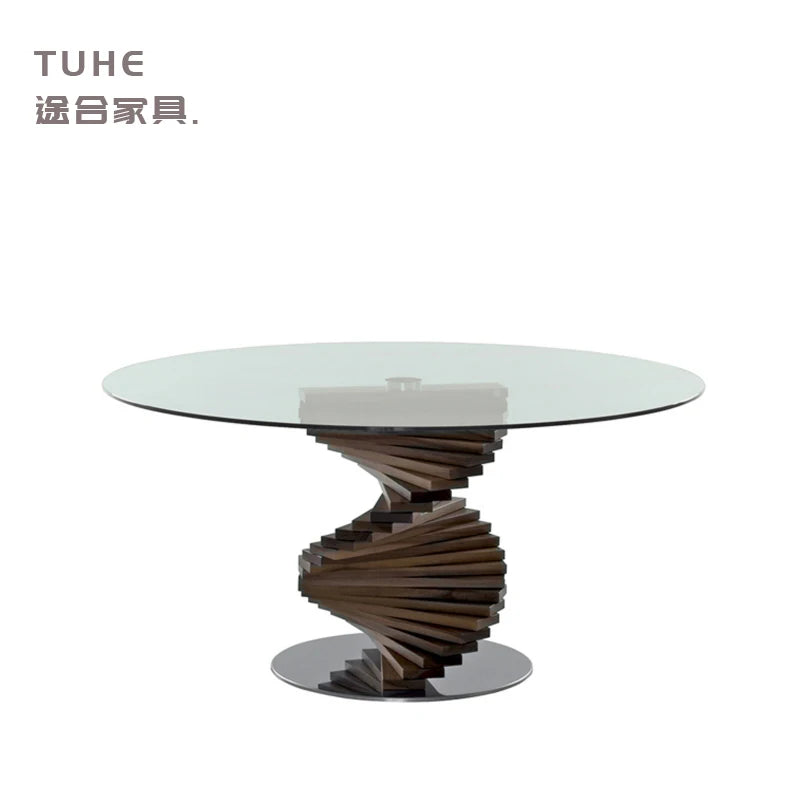 Italian Style Solid Wood Dining Table Light Luxury Curved Round Table Tempered Glass Living Room Hotel Personalized Dining Table