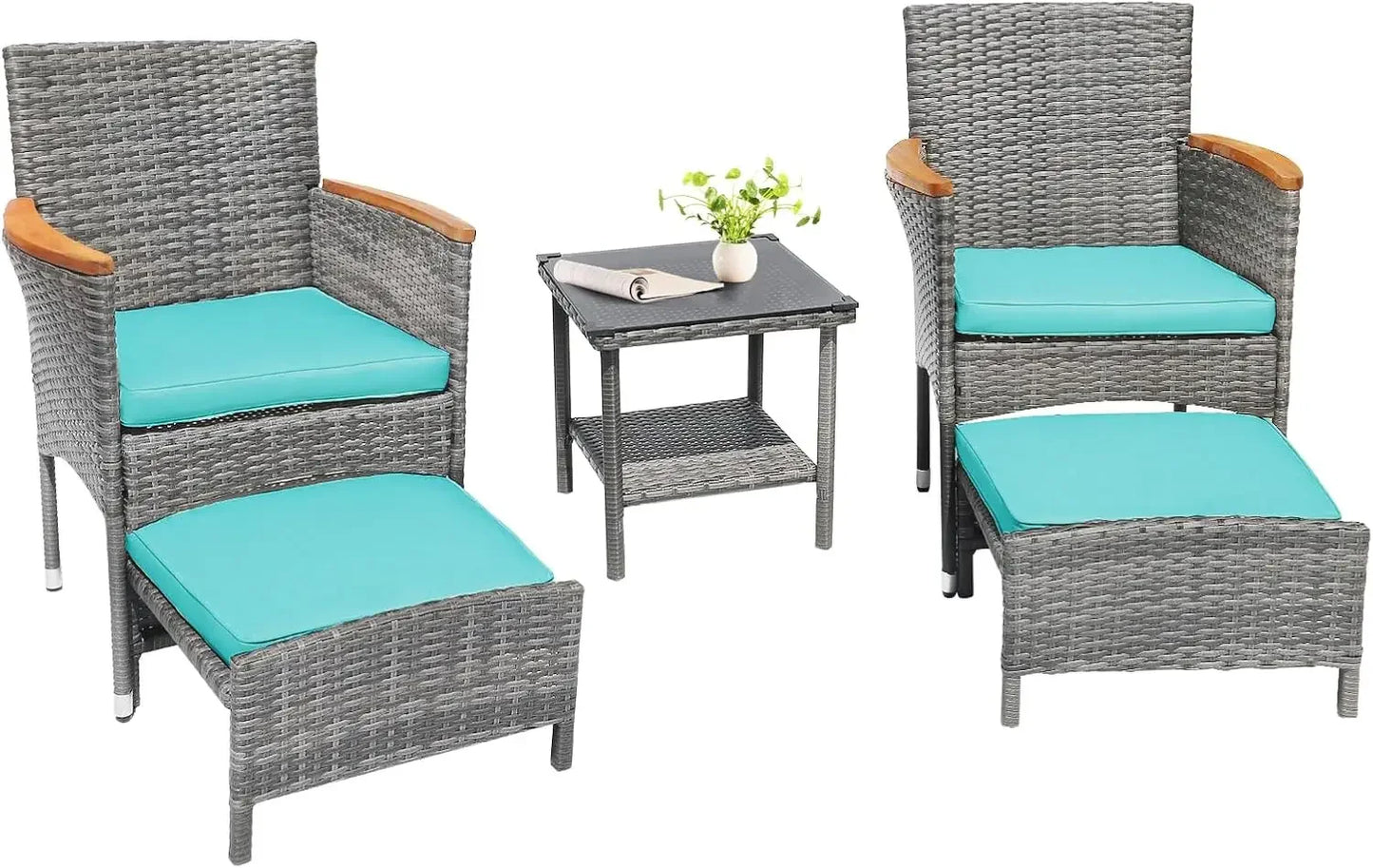 5 PCS Outdoor Patio Set with Table & Ottoman, Gray Wicker & Green Cushion Bistro Furniture