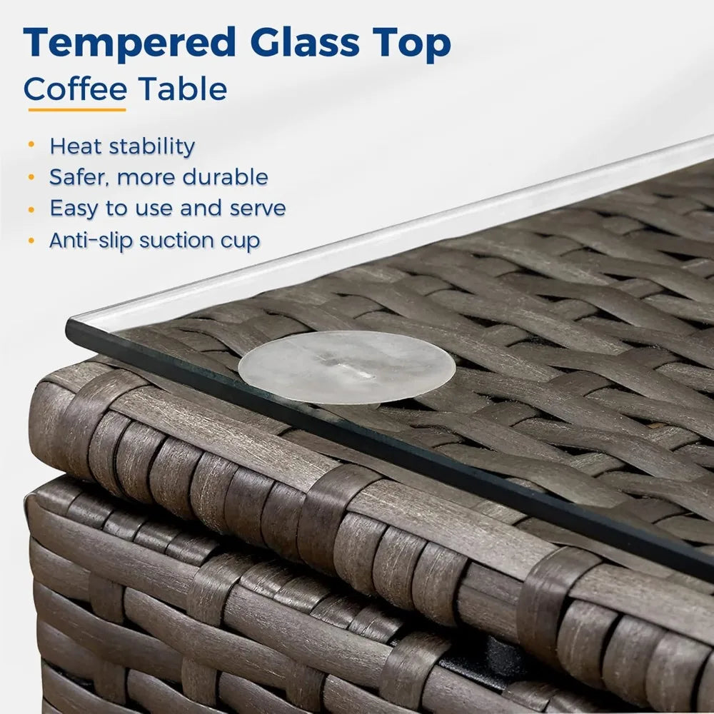 7 Piece Patio Furniture Sets,All Weather Outdoor Sectional Patio Sofa Manual Weaving Wicker Patio Seating Rattan Sofas with Gla