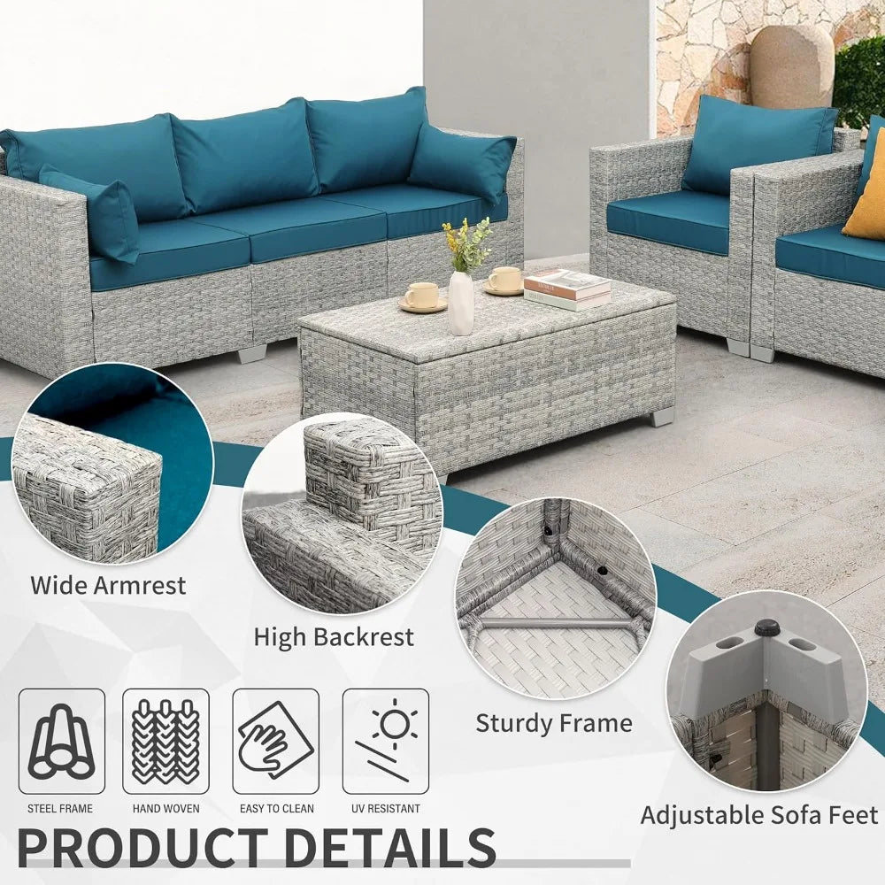 4-Piece Wicker Patio Furniture Set, PE Rattan Sectional Sofa with Storage Table, All-Weather Outdoor Conversation Sets.